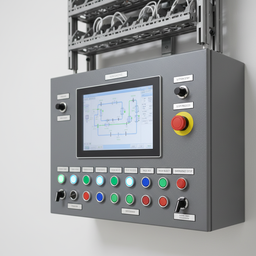 A close-up photographic view of a custom-designed industrial control panel, with matte gray metal housing, engraved aluminum labels, and an array of illuminated pushbuttons, selector switches, and emergency stop mushroom buttons. A large, high-resolution touchscreen HMI displays a detailed process diagram with clean blue and green graphics. The panel is mounted against a pristine white technical room wall, with neatly routed cable trays disappearing into the ceiling. Neutral, soft studio lighting highlights the subtle texture of powder-coated metal and glass, creating gentle reflections on the screen. The mood is precise, calm, and professional, emphasizing ergonomic design and intuitive control. Captured from a slightly angled perspective with a shallow depth of field, the foreground controls are razor sharp while the background infrastructure softly blurs, reinforcing a clean, modern engineering aesthetic.